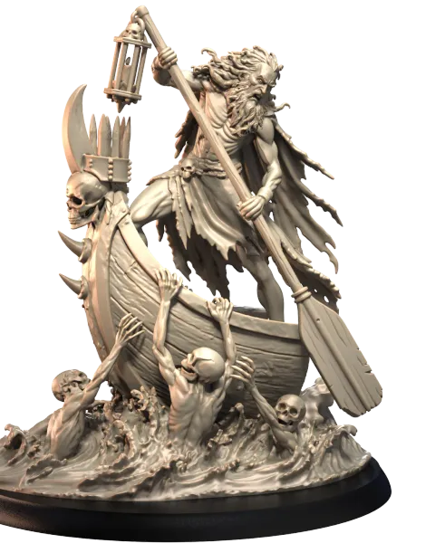 Render digital de Caronte, el barquero del inframundo, sosteniendo un remo y un farol sobre su barca
