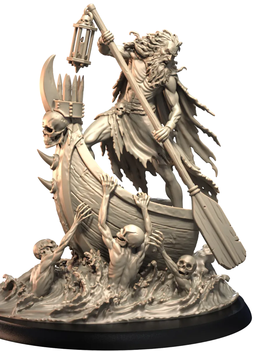 Render digital de Caronte, el barquero del inframundo, sosteniendo un remo y un farol sobre su barca